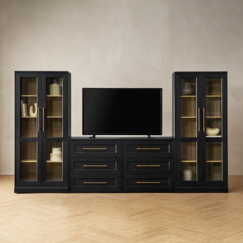 Mopio Blake 4 Piece Entertainment Center with Storage, Modern Farmhouse Wall Unit Dresser TV Stand with Tall Display Cabinets for up to 65" TVs, Trophy Display Case, Media...