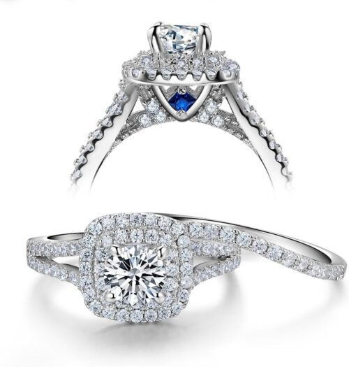Newshe Jewellery Wedding Engagement Ring Set AAAAA Cz 925 Sterling Silver 2Ct Round Created Blue Sapphire White Size 4-13