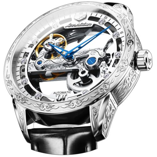 OLEVS Automatic Watches for Men Skeleton Self Winding Watch Stainless Steel Silicone Waterproof Luminous Diamond Six-Hand Moon Phase Mechanical Wirst Watch