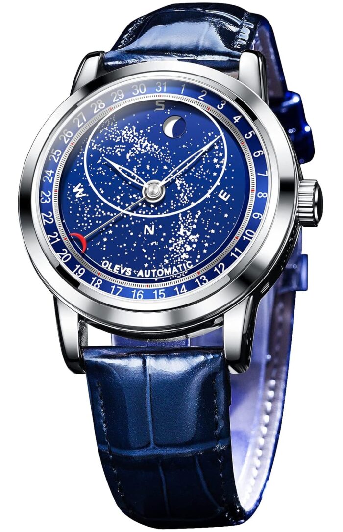 OLEVS Starry Sky Moon Phase Men's Automatic Mechanical Watches Blue Leather Luxury Dress Waterproof Luminous Wrist Watches