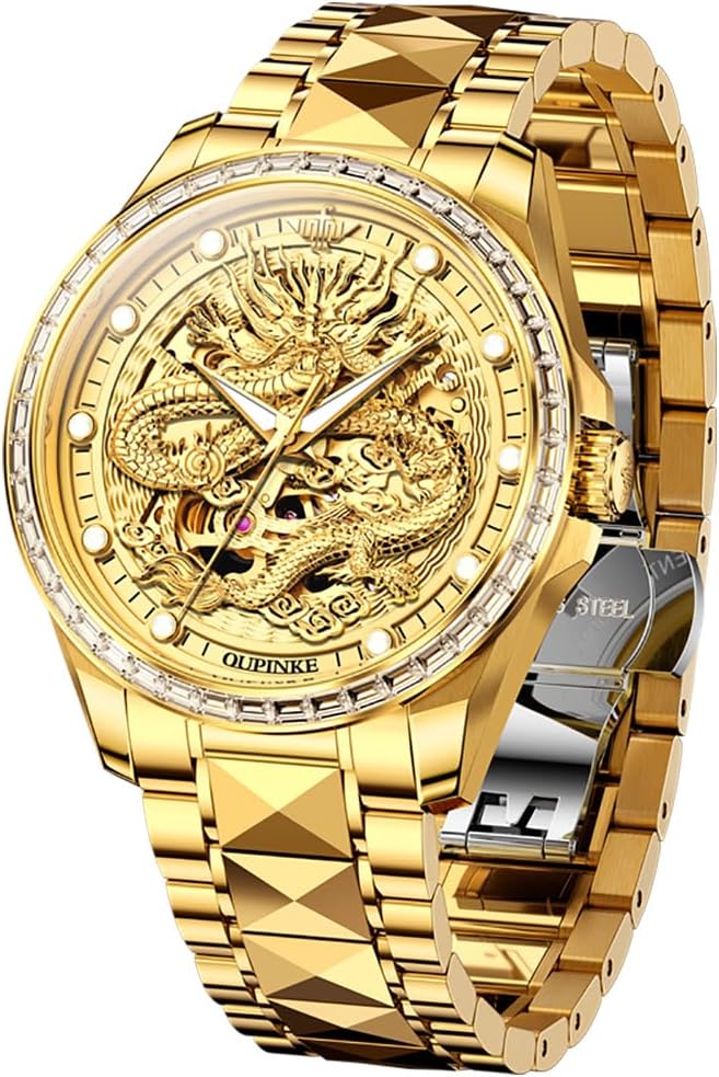 OUPINKE Men Watch Automatic Mechanical Hollow Dragon Watch Luxury Formal Gold Diamond 50M Waterproof Tungsten Steel Luminous Watch