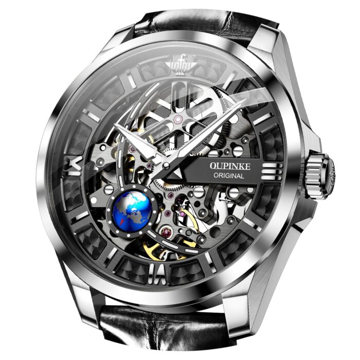 OUPINKE Skeleton Mens Automatic Watches Mechanical Luxury Dress Leather Self Winding Waterproof 50M/5ATM Luminous Watches for Men