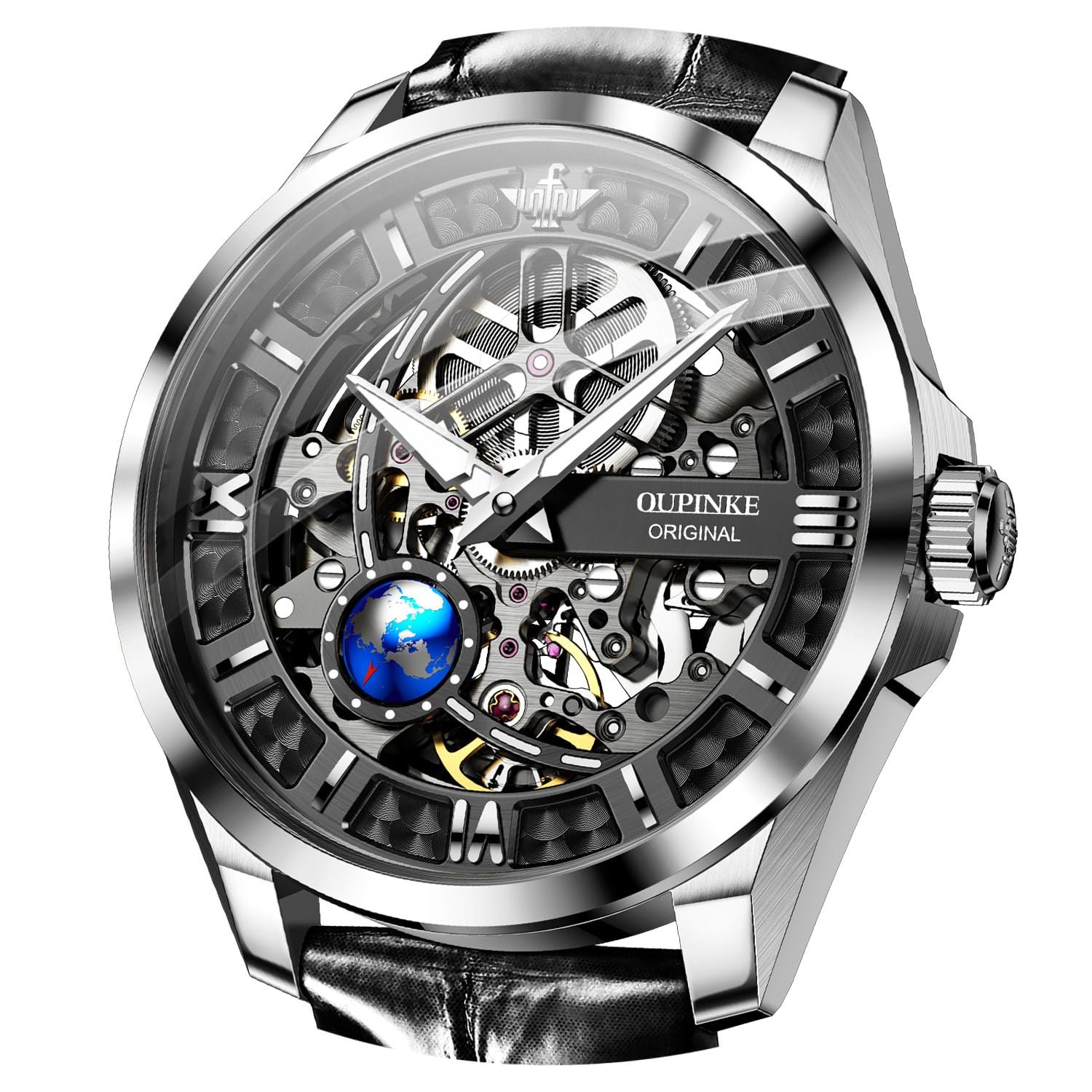 OUPINKE Skeleton Mens Automatic Watches Mechanical Luxury Dress Leather Self Winding Waterproof 50M/5ATM Luminous Watches for Men