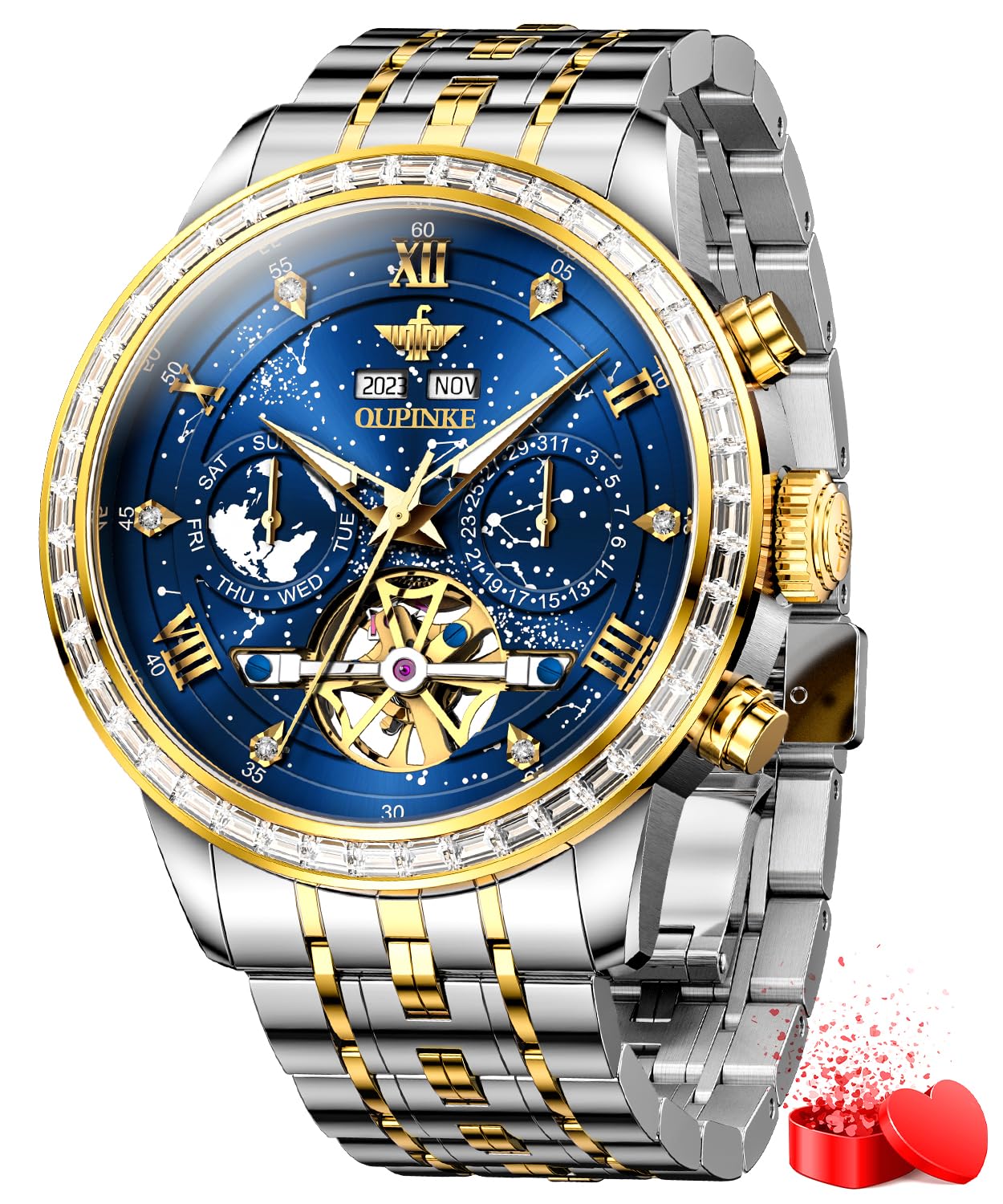 OUPINKE Watches for Men Automatic Unique Luxury Imitation Galaxy Mechanical Watch Business Diamond Calendar Male Watches Stainless Steel Waterproof Luminous