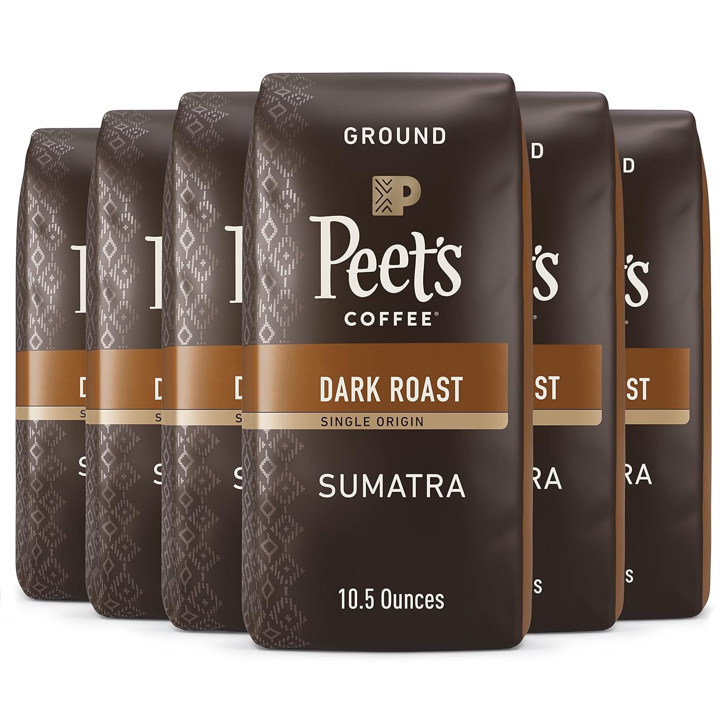 Peet’s Coffee, Dark Roast Ground Coffee – Single Origin Sumatra 63 Ounces (Six Bags of 10.5 Ounce)