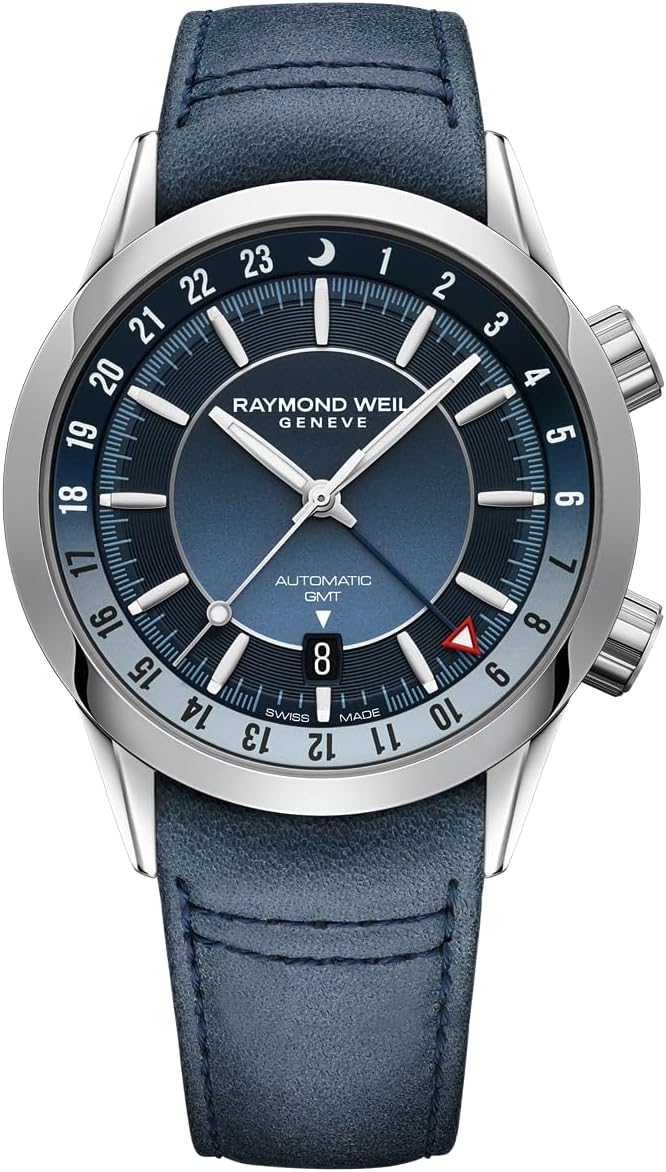 RAYMOND WEIL Freelancer GMT Men’s Watch, 24 Time Zones, Blue Gradient Dial, Indexes, Stainless Steel Case, Genuine Blue Leather Strap, 41mm (Model: 2761-STC-50001)