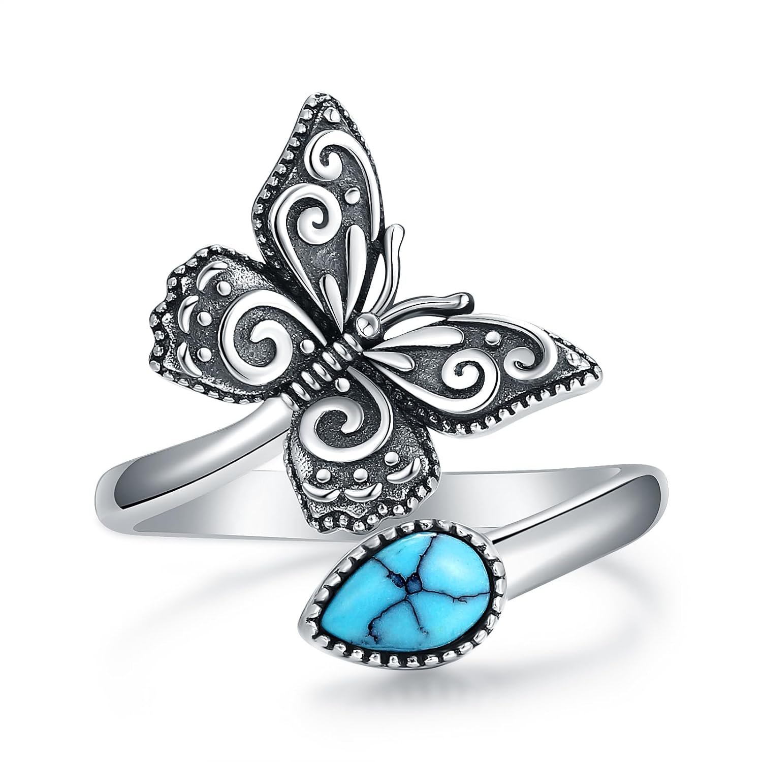 S925-Sterling-Silver Abalone Dragonfly Spoon Ring – Vintage Boho Sunflower Thumb Oxidized Wrap Rings Victorian Style Antique Floral Jewelry Gifts for Women