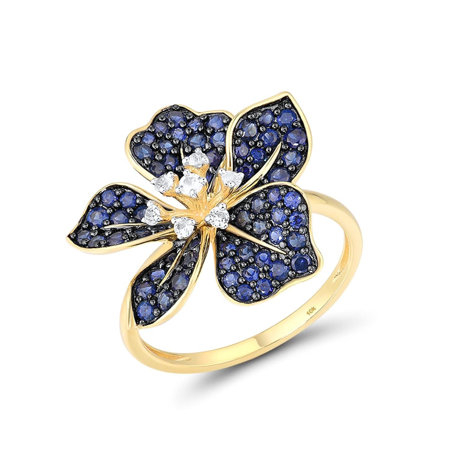 Santuzza 10K Solid Gold Genuine Diamond Gemstone Flower Ring for Women