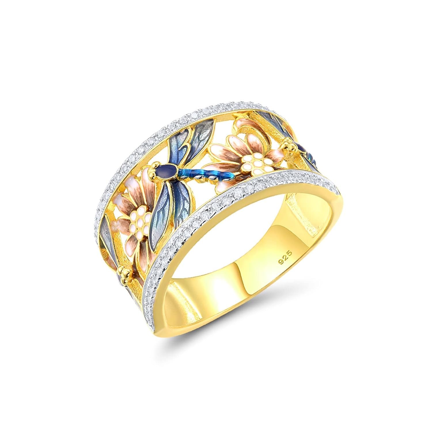 Santuzza 925 Sterling Silver Dragonfly Openwork Ring Cubic Zirconia Enamel Flower Ring 14K Gold Plated Vintage Jewelry