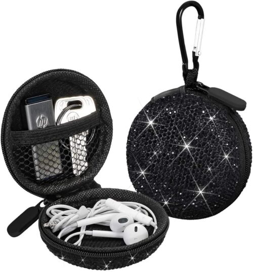 SAVORI Earphone Case Earbuds Small Carrying Cases Bling Rhinestone Crystal Portable Headphone Organizer Storage Pouch Bag with Carabiner 1 Pack (Black)