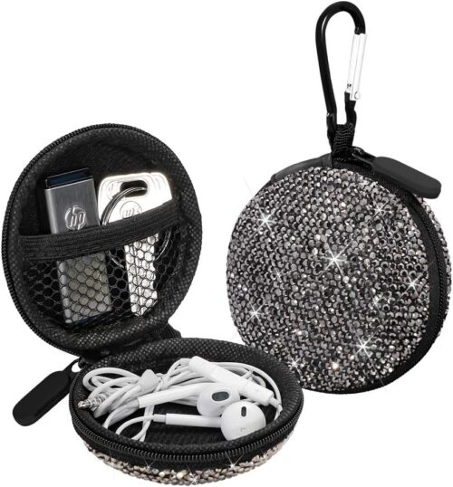 SAVORI Earphone Case Earbuds Small Carrying Cases Bling Rhinestone Crystal Portable Headphone Organizer Storage Pouch Bag with Carabiner 1 Pack (Silver Grey)