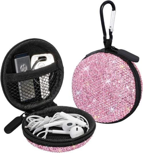 SAVORI Earphone Case Earbuds Small Carrying Cases Bling Rhinestone Crystal Portable Headphone Organizer Storage Pouch Bag with Carabiner 1 Pack (Pink)