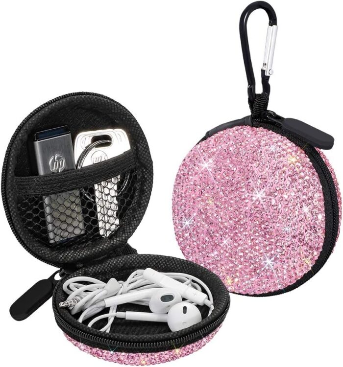 SAVORI Earphone Case Earbuds Small Carrying Cases Bling Rhinestone Crystal Portable Headphone Organizer Storage Pouch Bag with Carabiner 1 Pack (Pink)