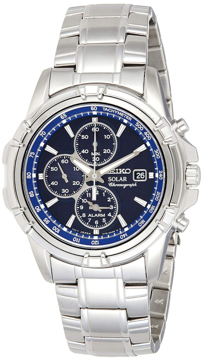 SEIKO SSC141 Watch for Men - Blue Dial with Solar Chronograph, Date Calendar, and LumiBrite Hands, Stainless Steel and Water-Resistant to 100m