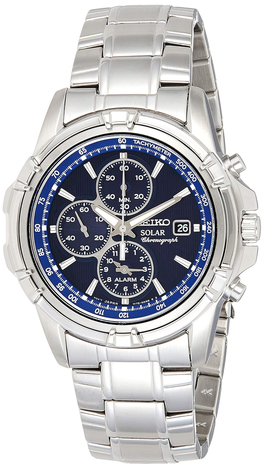 SEIKO SSC141 Watch for Men – Blue Dial with Solar Chronograph, Date Calendar, and LumiBrite Hands, Stainless Steel and Water-Resistant to 100m