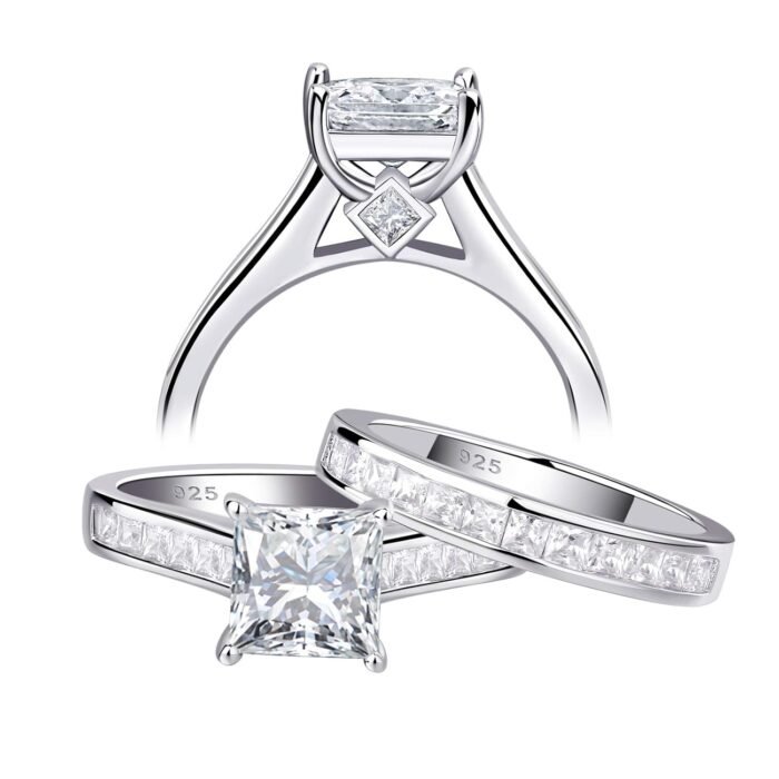 SHELOVES Wedding Ring Set Princess Cut Cubic Zirconia Sterling Silver Engagement Bridal Rings Sz 4.5-13