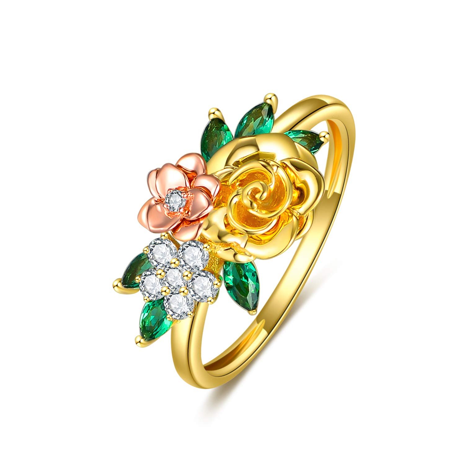 SISGEM 10K Real Gold Rose Flower Leaf Charming Rings for Women,Yellow/Rose Gold Inlaid Moissanite Three Flower Attractive Ring,Anniversary Birthday Gifts for Mom Wife Girlfriend