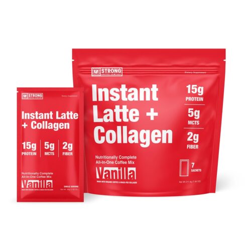STRONG COFFEE COMPANY | MORNING FIX | PREMIUM ORGANIC INSTANT VANILLA LATTE | 7 SINGLE SERVINGS - 15g Grass Fed Collagen Protein, L-Theanine, 2g Coconut Sugar, Keto Friendly,...