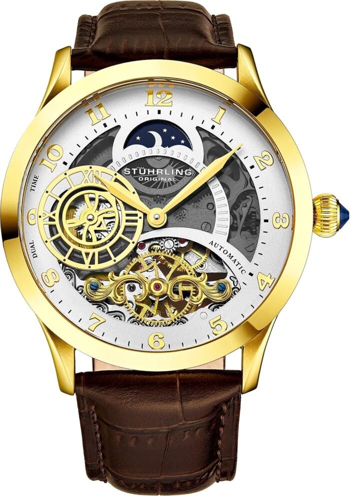 Stührling Original Automatic Watch for Men Skeleton Watch Dial, Dual Time, AM/PM Sun Moon, Leather Band, 571 Mens Watches Series (Gold-A)