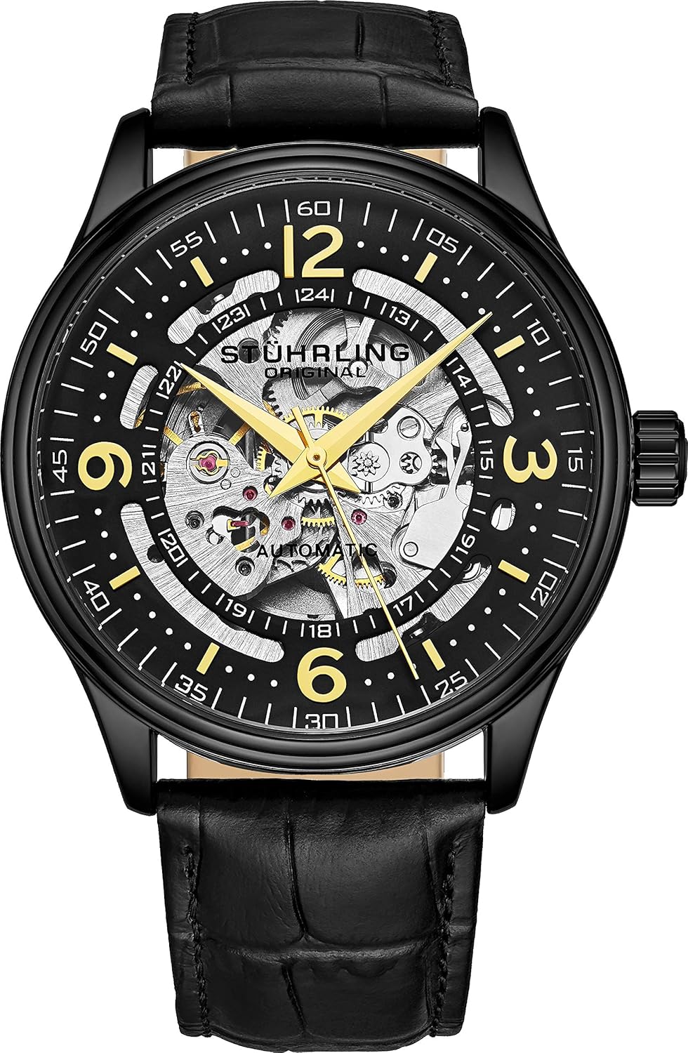 Stuhrling Original Men’s Automatic Skeleton Dress Watch Genuine Leather Band with self Winding Mechanical Movement (Black-A)