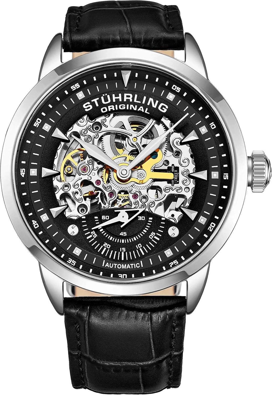 Stuhrling Original Mens Automatic Skeleton Watch – Black Leather Strap, Mechanical Silver Executive Watch