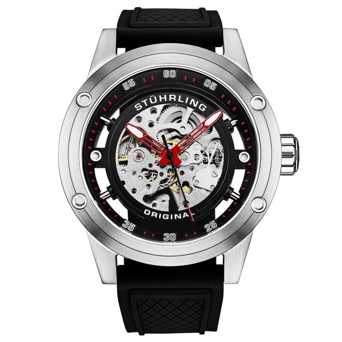 Stuhrling Original Mens Automatic Watch Skeleton Stainless Steel Self Winding Dress Watch with Rubber Strap 50MM