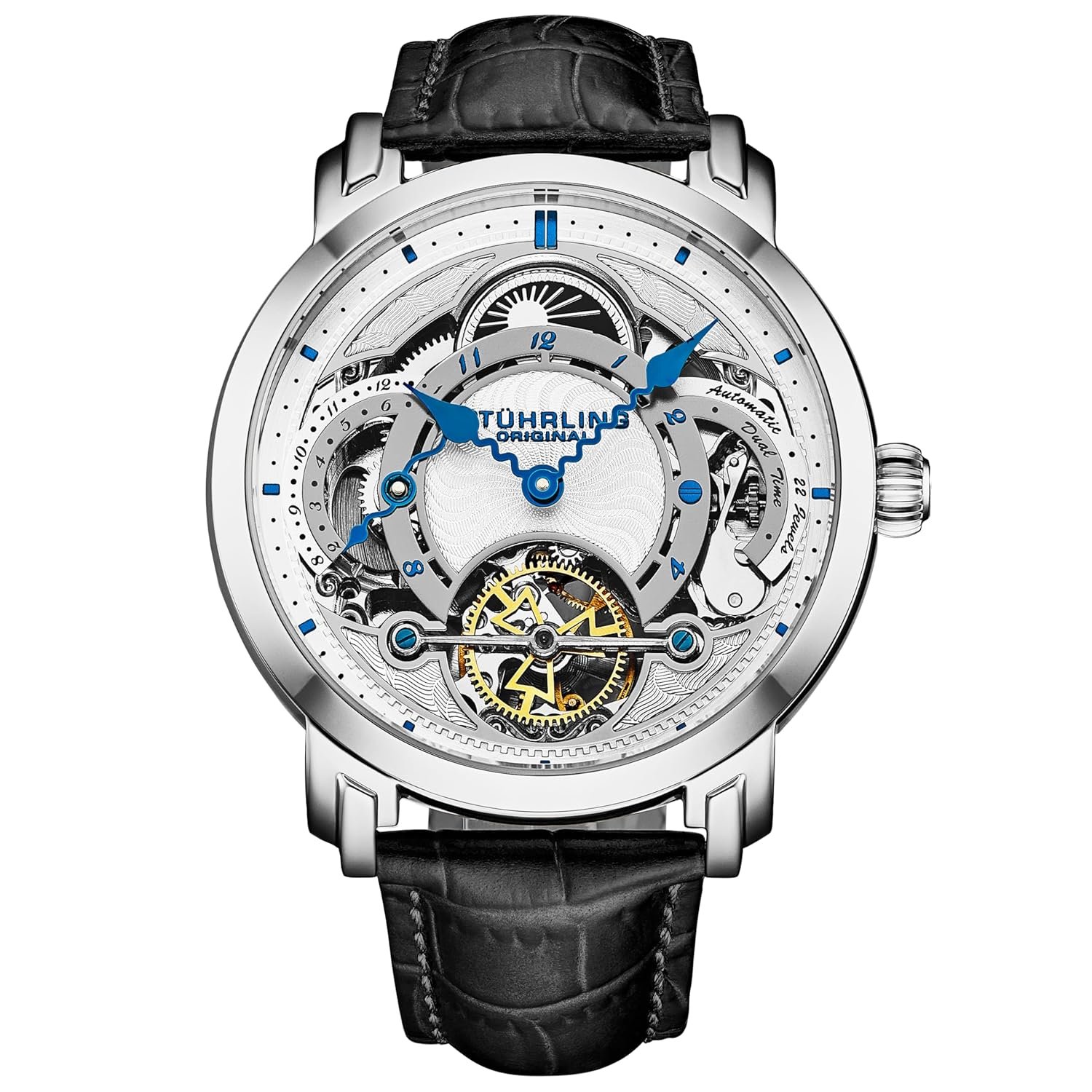 Stuhrling Original Mens Dress Watch Automatic Movement Skeleton Dial Dual Time 44mm Stainless Steel Case