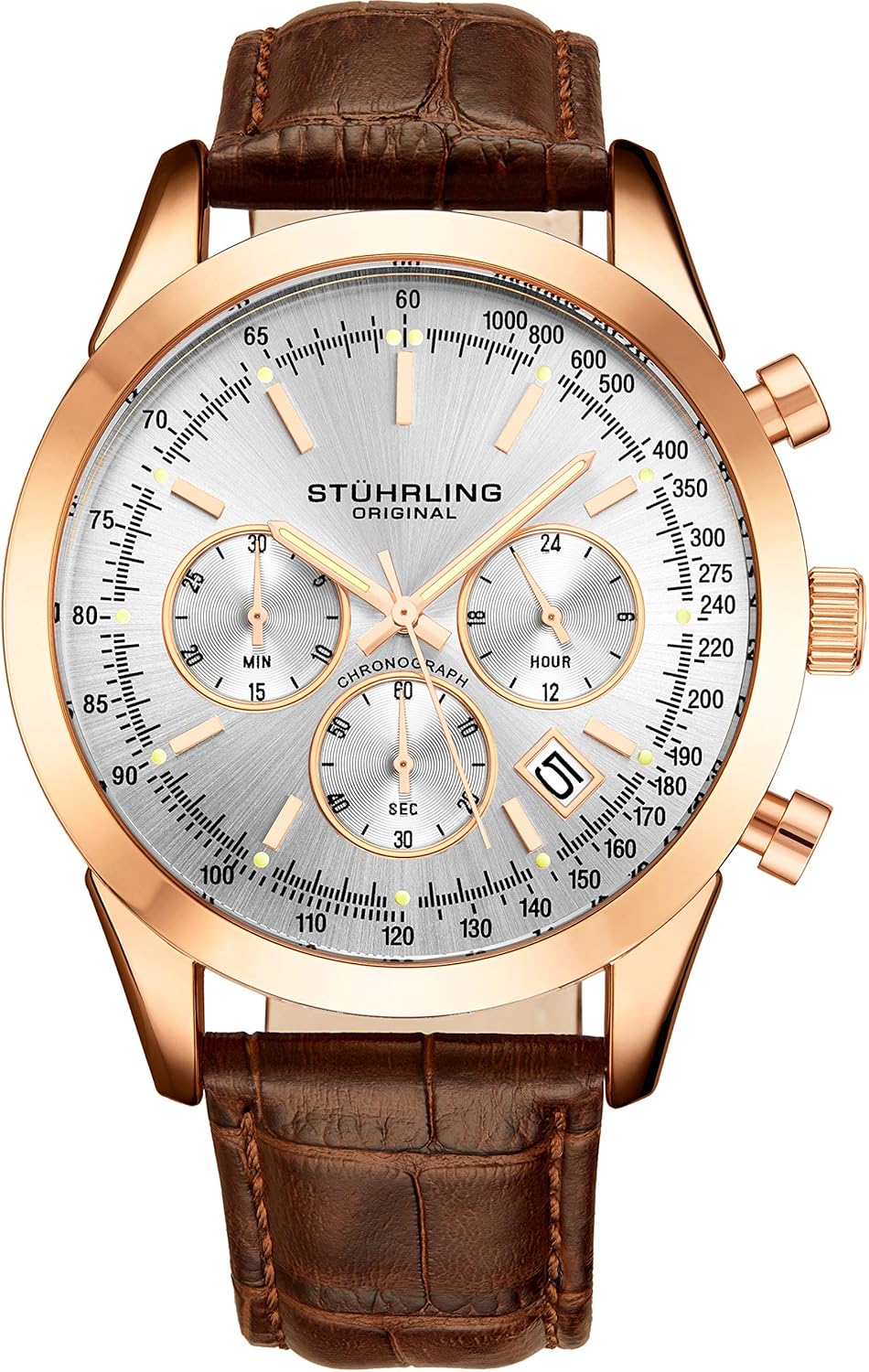 Stuhrling Original Mens Dress Watch Chronograph Analog Watch Dial with Date – Tachymeter 24-Hour Subdial Mens Leather Strap – Watches for Men Rialto Collection