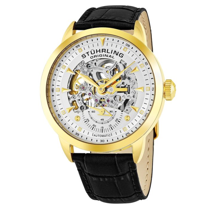 Stuhrling Original Mens Skeleton Automatic Dress Watch with Alligator Embossed Leather Strap Skeleton Dial