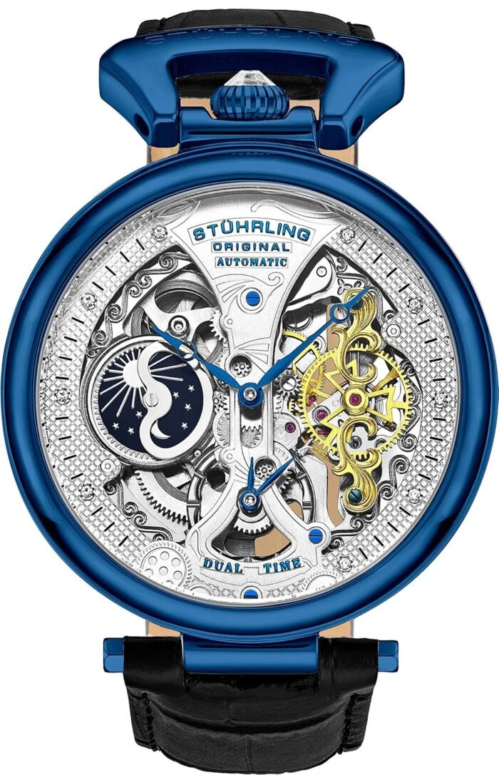 Stührling Original Mens Skeleton Watch Dial Automatic Watch with Calfskin Leather Band and - Dual Time, AM/PM Sun Moon