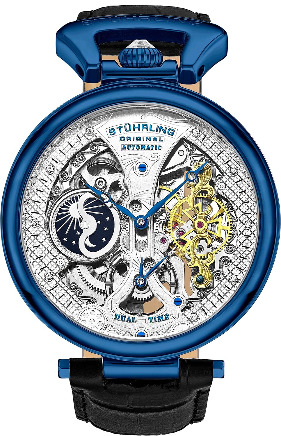 Stührling Original Mens Skeleton Watch Dial Automatic Watch with Calfskin Leather Band and – Dual Time, AM/PM Sun Moon