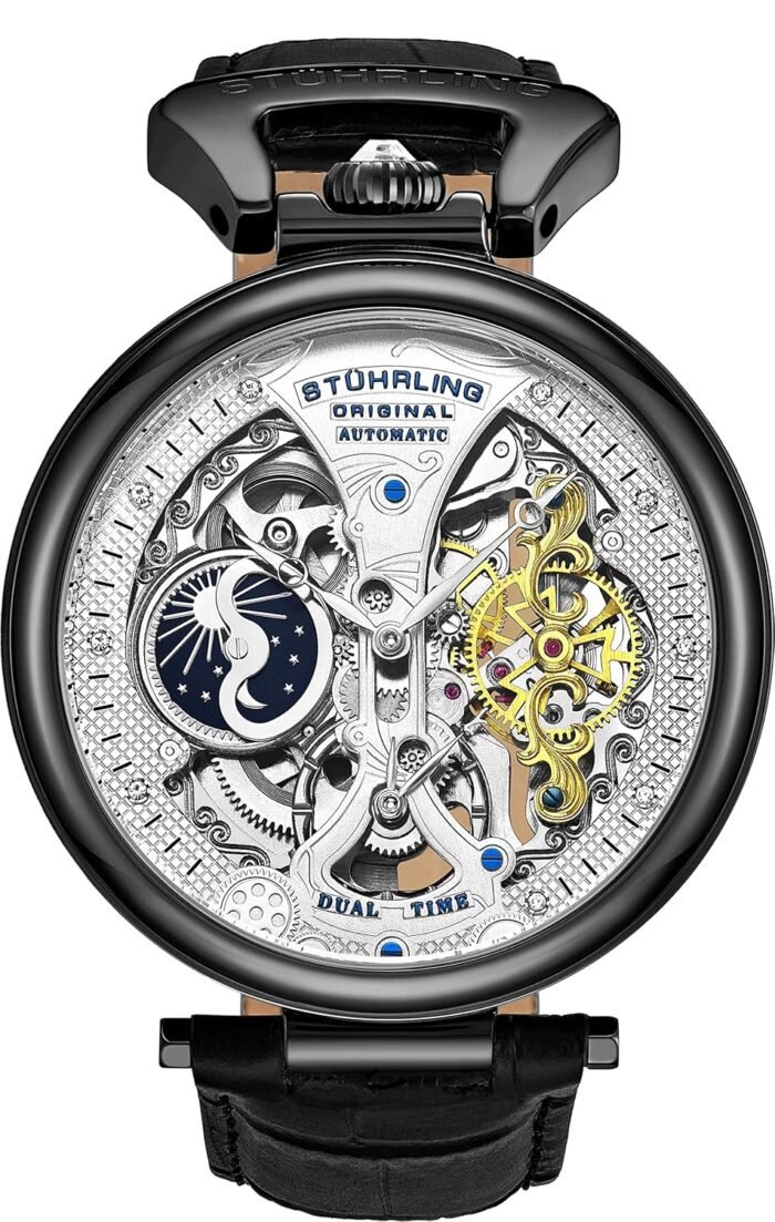 Stührling Original Mens Skeleton Watch Dial Automatic Watch with Calfskin Leather Band and - Dual Time, AM/PM Sun Moon (Black-A)
