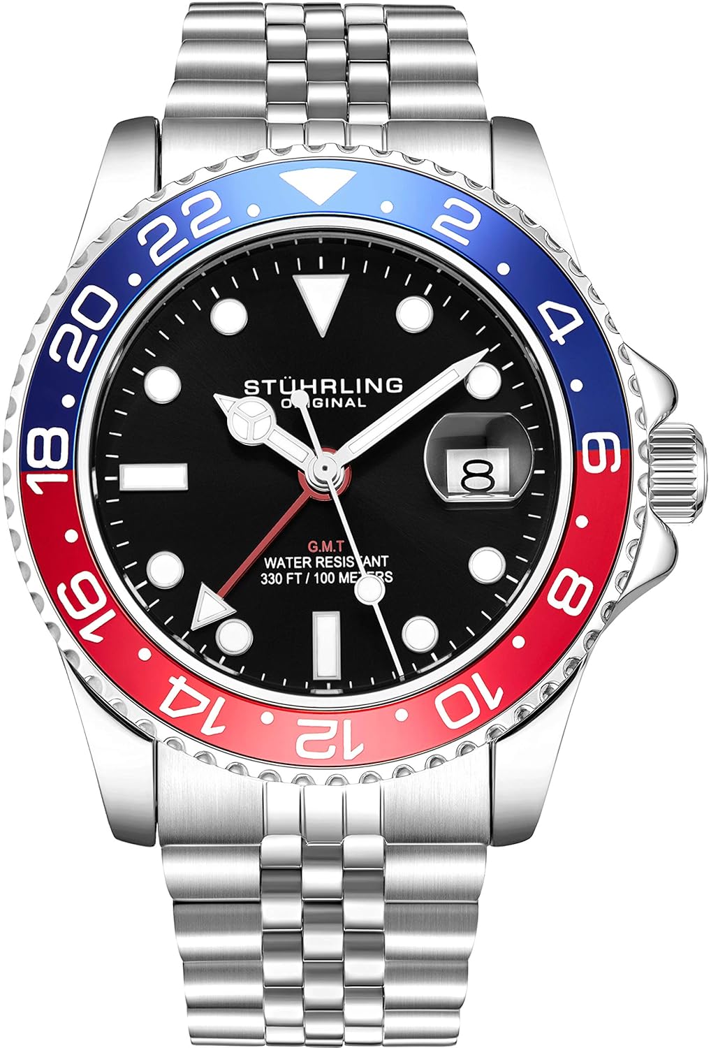 Stuhrling Original Men’s Stainless Steel Jubilee Bracelet GMT Watch Quartz, Dual Time, Quickset Date with Screw Down Crown, Water Resistant up to 10 ATM
