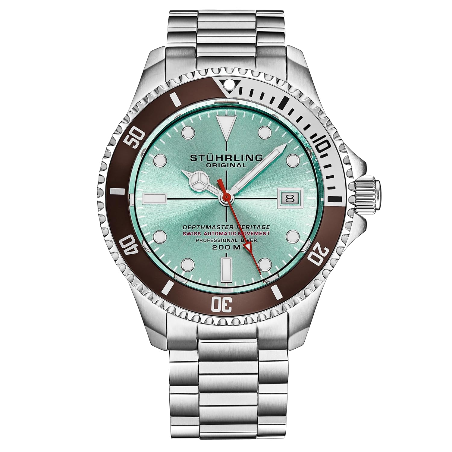 Stuhrling Original Mens Swiss Automatic Stainless Steel Professional DEPTHMASTER Dive Watch, 200 Meters Water Resistant, Brushed and Beveled Bracelet with Divers Safety Clasp…