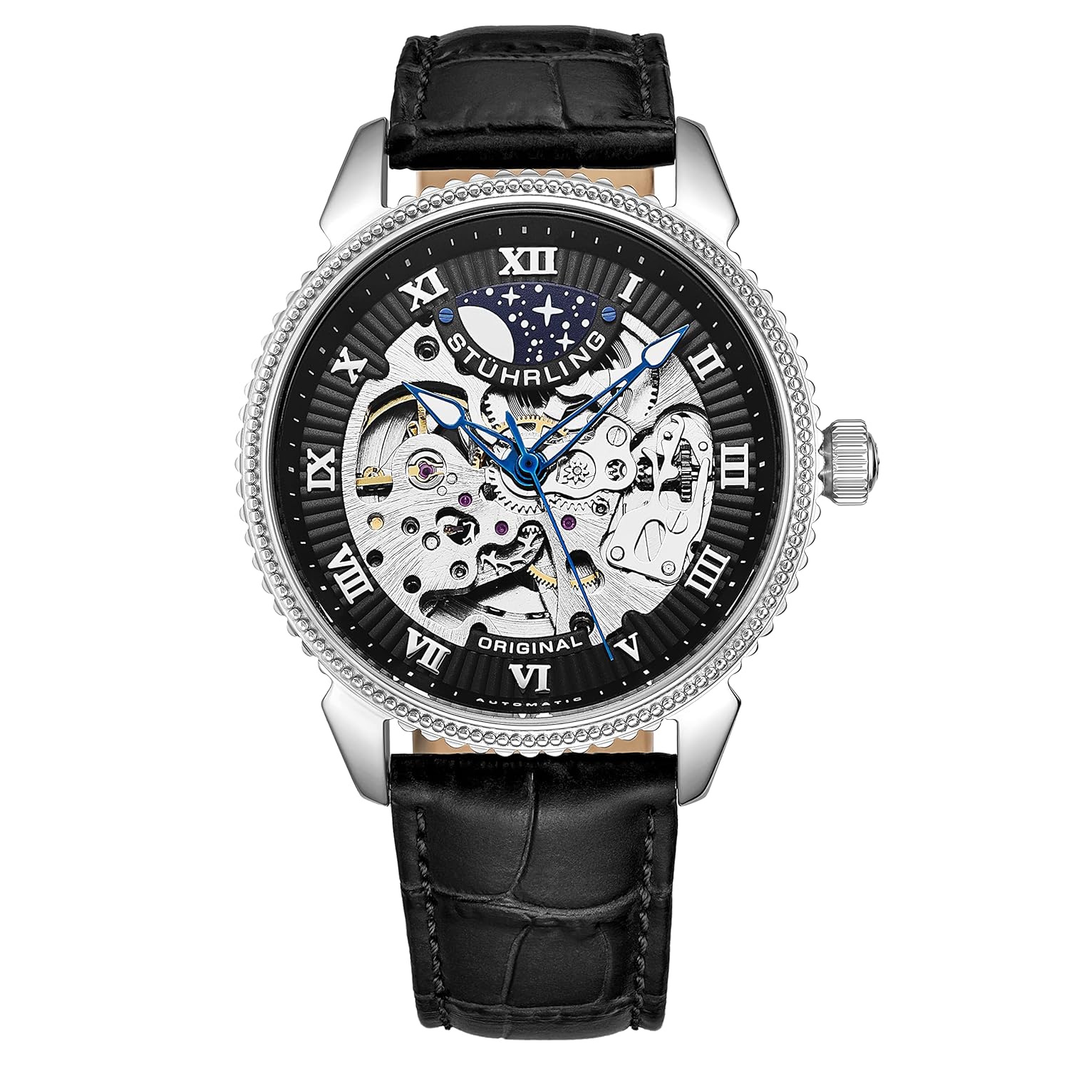 Stuhrling Original Mens Watch – Skeleton Watches for Men Automatic Self Winding Movement Dress Watch with Premium Black Leather Band Mechanical Watch for Men (Black)