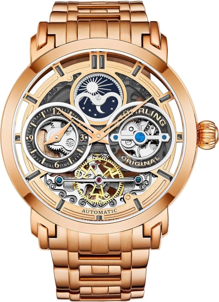 Stührling Original Mens Watch Stainless Steel Automatic, Silver Skeleton Dial, Dual Time, AM/PM Sun Moon, Stainless Steel Bracelet, 371B Watches for Men Series
