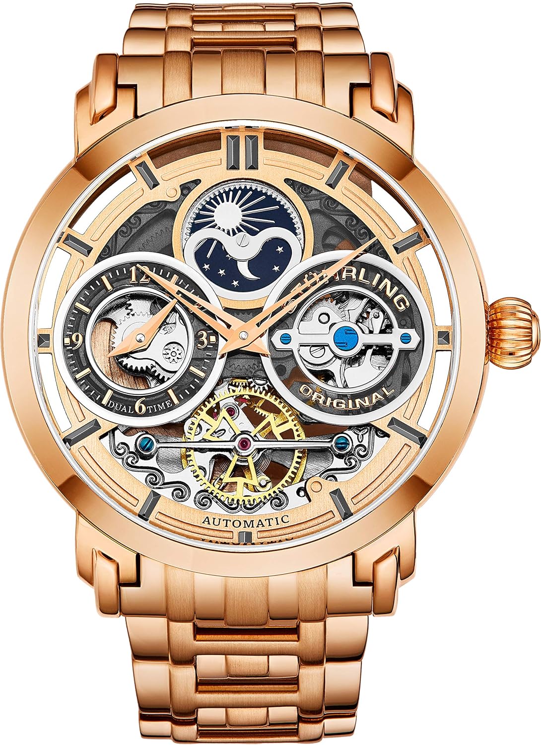 Stührling Original Mens Watch Stainless Steel Automatic, Silver Skeleton Dial, Dual Time, AM/PM Sun Moon, Stainless Steel Bracelet, 371B Watches for Men Series