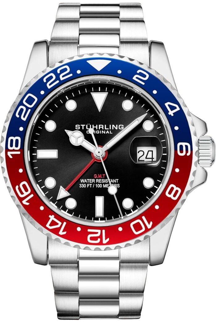Stuhrling Original Men's Watch Stainless Steel Triple Row Bracelet Dual Time Date with Screw Down Crown