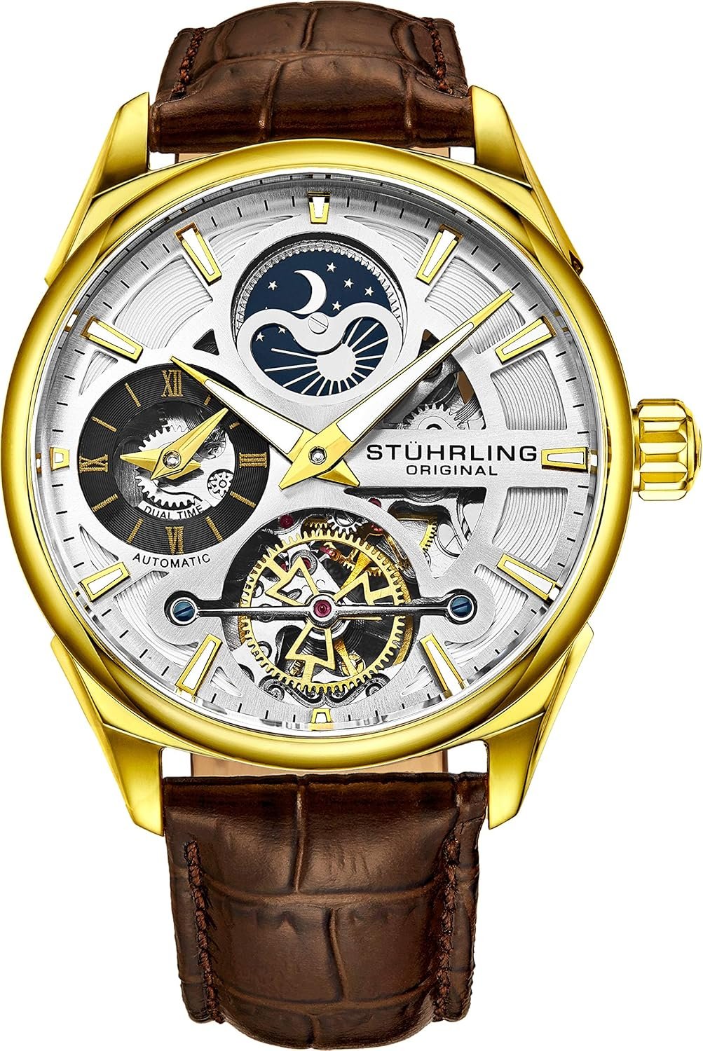 Stuhrling Original Skeleton Dress Analog Watch for Men, Automatic Mechanical Wristwatch, Gold Plated/Stainless Steel, Genuine Calfskin Leather Band (Gold-A)