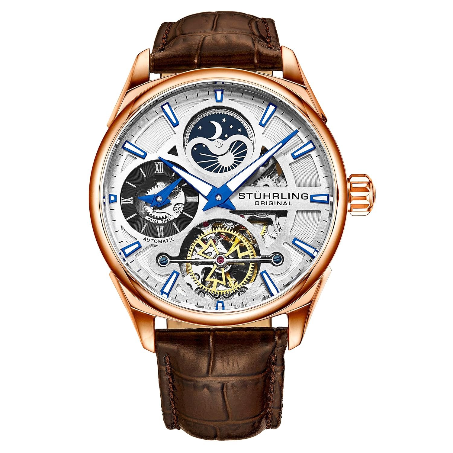 Stuhrling Original Skeleton Dress Analog Watch for Men, Automatic Mechanical Wristwatch, Gold Plated/Stainless Steel, Genuine Calfskin Leather Band (Rose Gold-A)