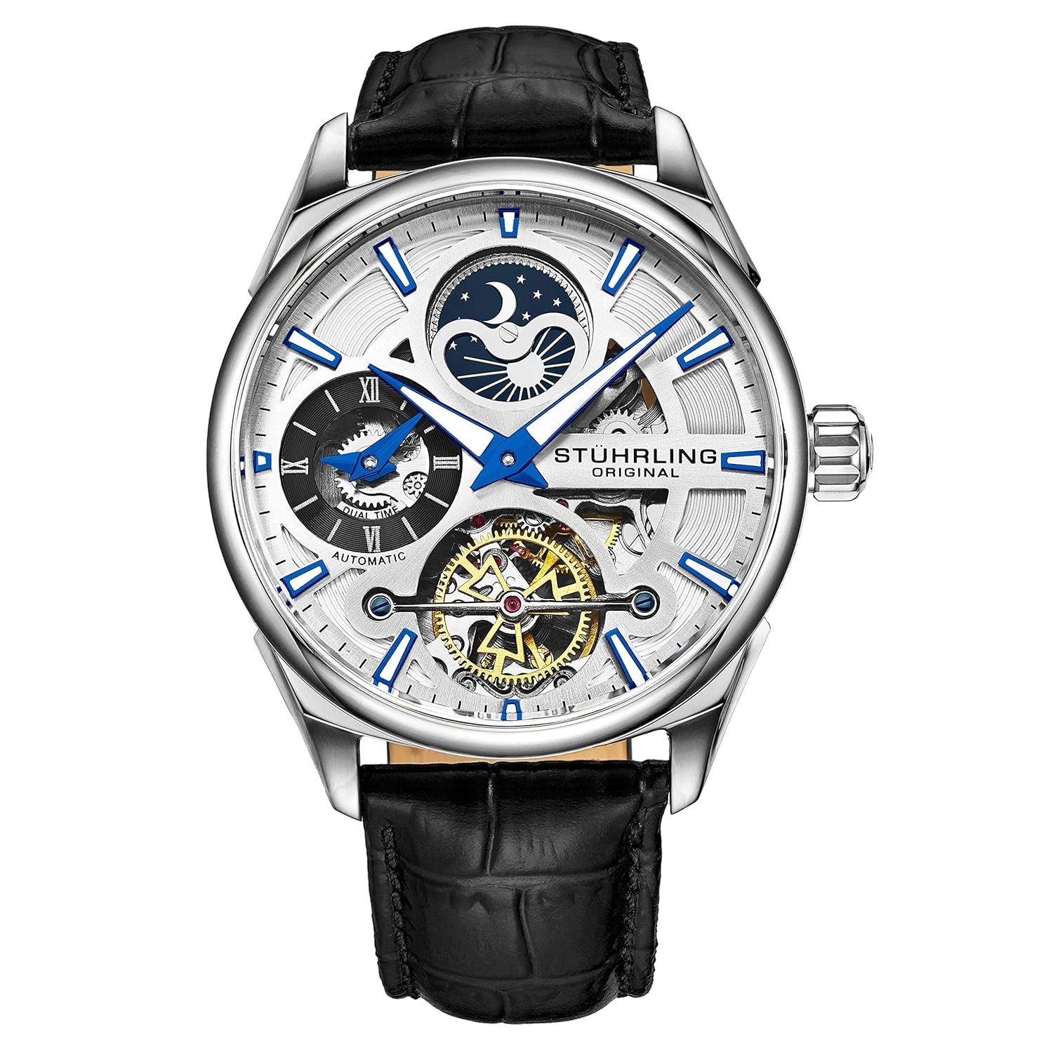Stuhrling Original Skeleton Dress Analog Watch for Men, Automatic Mechanical Wristwatch, Gold Plated/Stainless Steel, Genuine Calfskin Leather Band