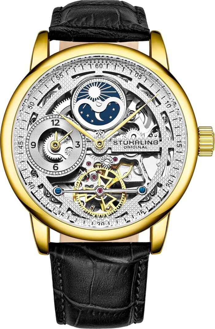 Stührling Original Skeletonized Gold Watches for Men Analog Watch Dial Mens Automatic Watch - Dual Time, AM/PM Sun Moon, Genuine Leather Band, 3917 Mens Watches Collection