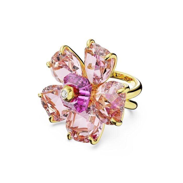 SWAROVSKI Florere Cocktail Ring, Flower Motif with Pink Crystals on a Gold-Tone Finished Double Band