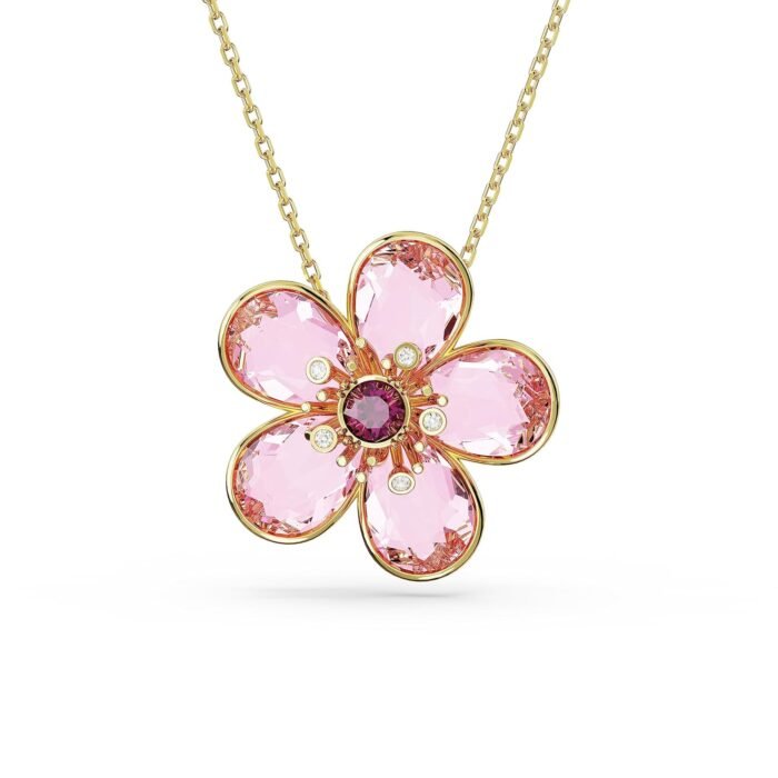 Swarovski Florere Necklace and Earrings Collection, Pink Crystals, Yellow Crystals, Gold Tone Metal Finish