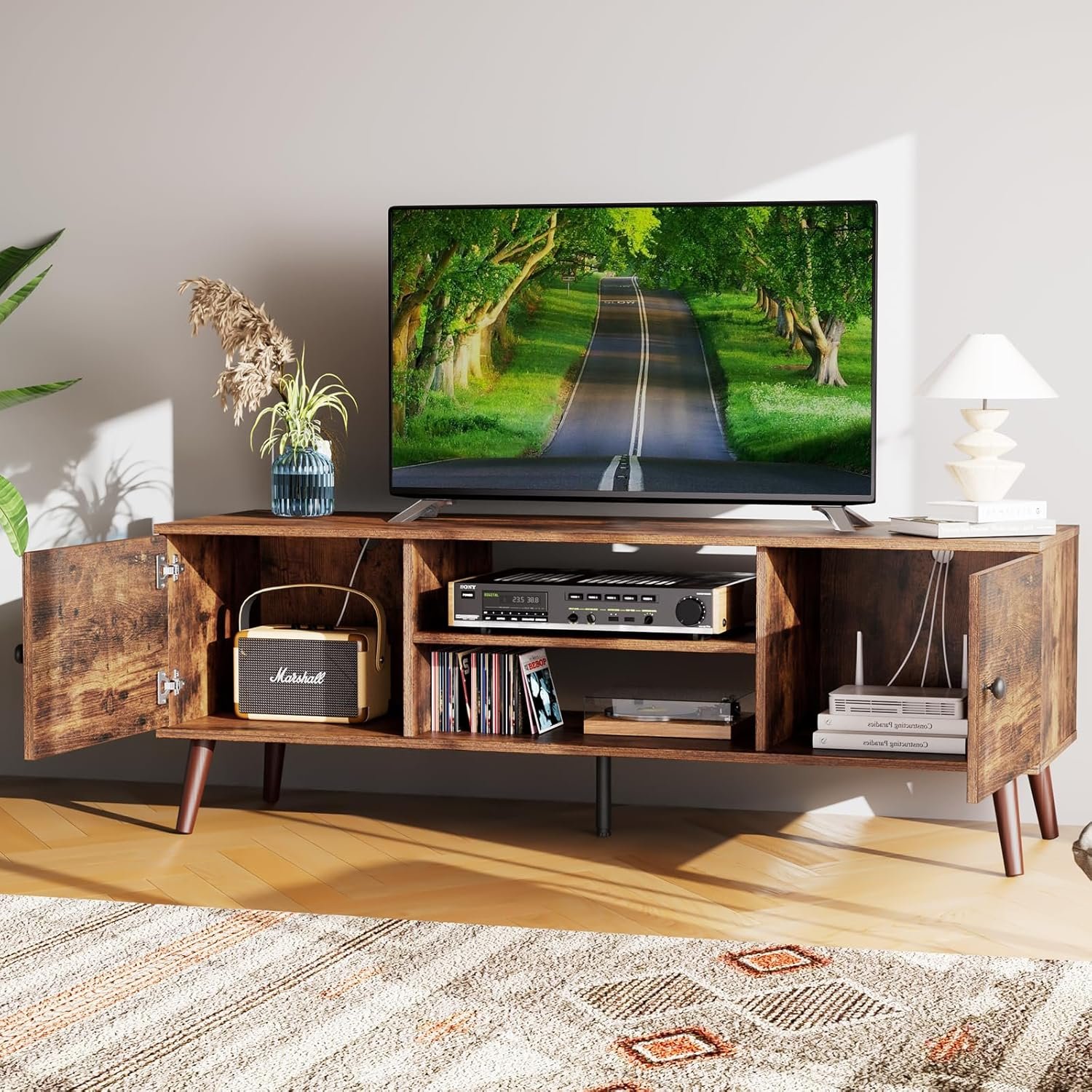 Sweetcrispy TV Stand for 55 60 inch TV, Modern Mid Century Entertainment Center with Storage Cabinet, Media Console Table for Living Room, Soft Hinge, Handle Door, Wooden Office…