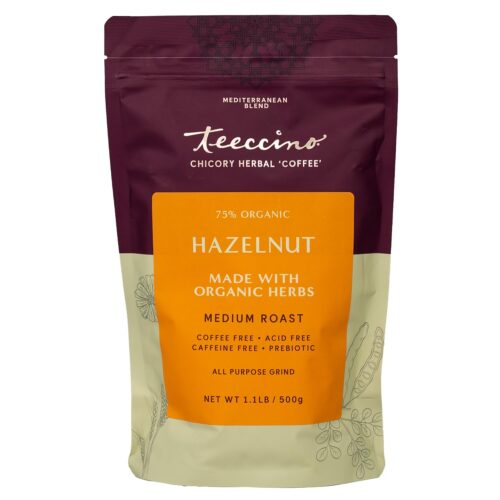 Teeccino Hazelnut Chicory Coffee Alternative - Ground Herbal Coffee That’s Prebiotic, Caffeine Free & Acid Free, Medium Roast, 1.1 Pound