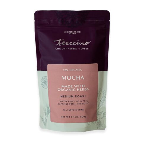 Teeccino Mocha Chicory Coffee Alternative, 1.1 Pound - Ground Herbal Coffee That’s Prebiotic, Caffeine-Free & Acid Free, Medium Roast