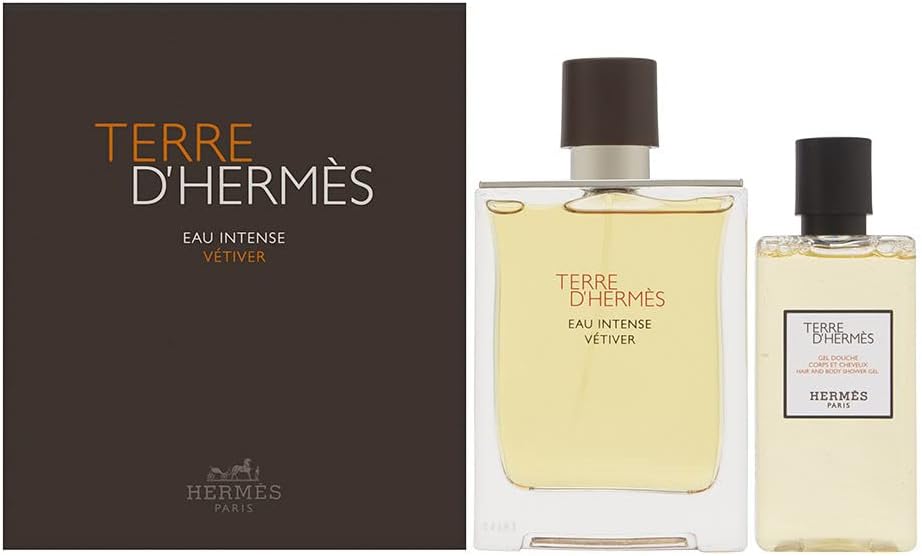 Terre D’Hermes Eau Intense Vetiver by Hermes for Men 2 Piece Set Includes : 3.3 oz Eau de Parfum Spray + 2.7 oz Hair and Body Gel