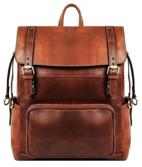 Time Resistance Leather Backpack - Full Grain Real Leather Travel Bag and Carry-On Rucksack (Cognac Brown)
