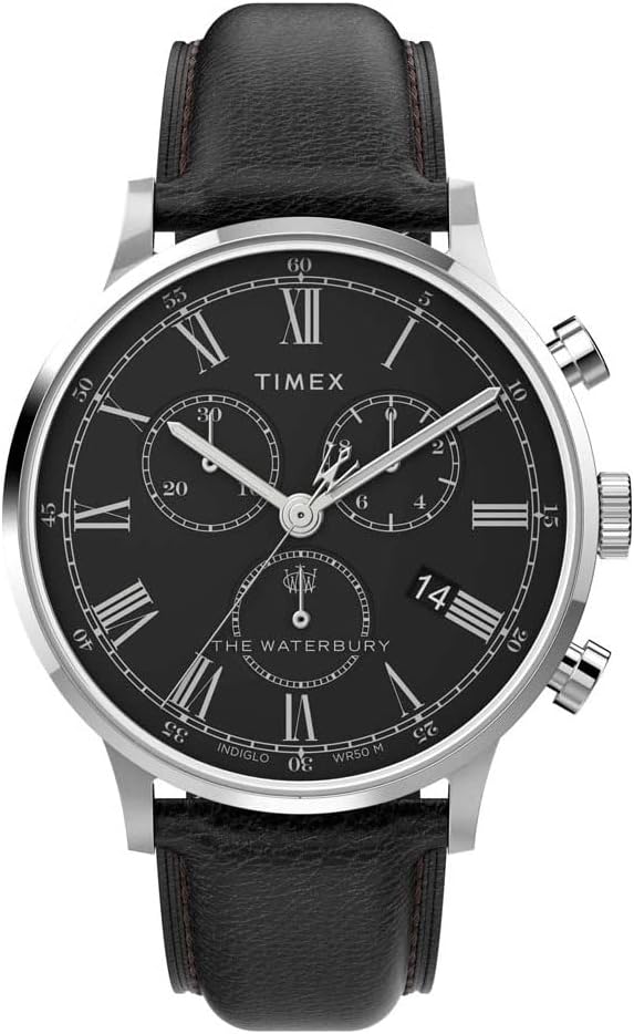 Timex Men’s Waterbury Classic Chrono 40mm Stainless Steel Quartz Dress Watch with Leather Strap